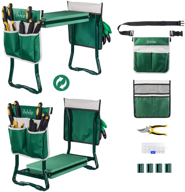 Garden Kneeler and Seat, Upgraded Folding Garden Bench Stool Portable Garden Kneeler Gardening Tools with 2 Free Tool Pouch, Detachable Belt, EVA Kneeling Pad, Pruning Shears, Ideal Gardening Gift