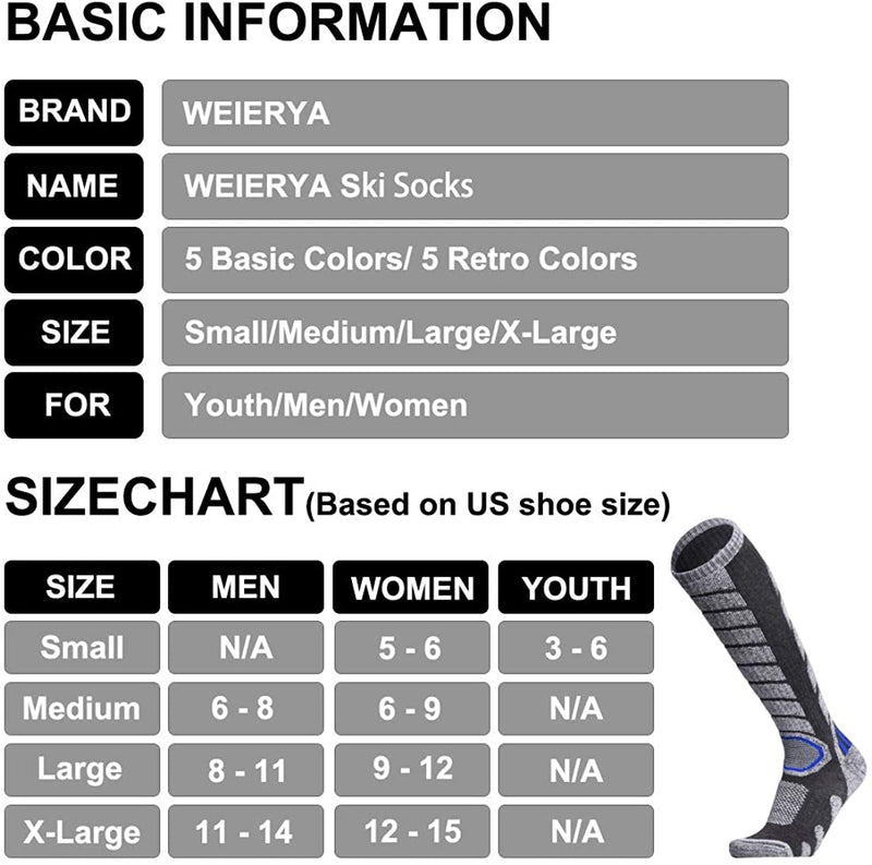 WEIERYA Ski Socks 2 Pairs Pack for Skiing, Snowboarding, Cold Weather, Winter Performance Socks