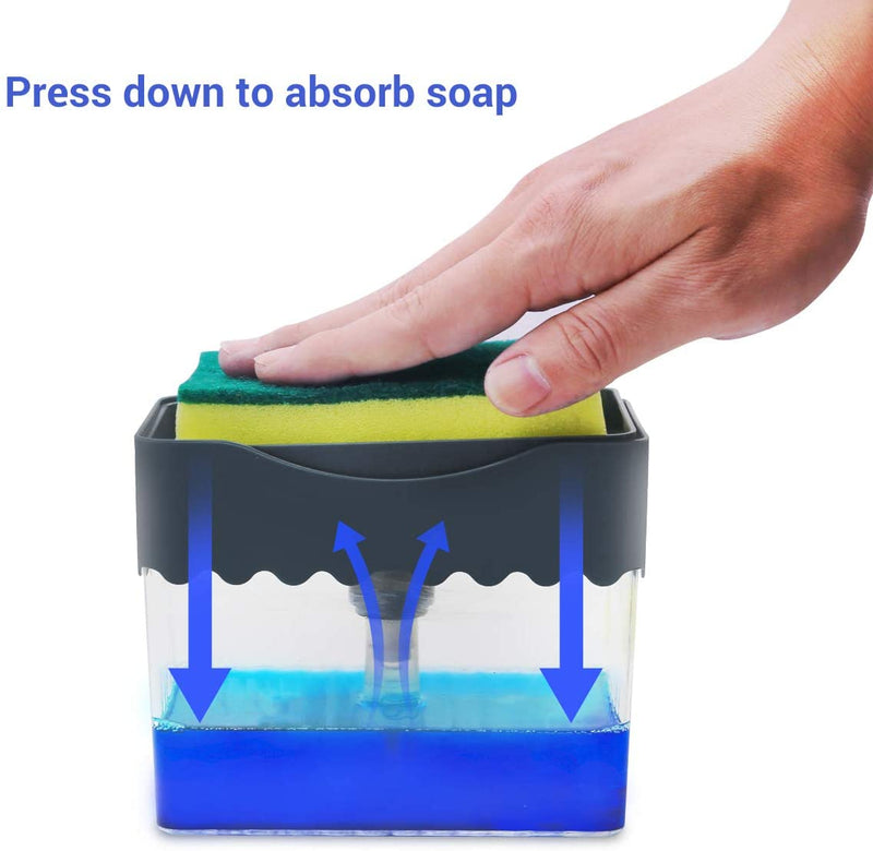 AmazeFan Soap Pump Dispenser and Sponge Holder, 2 in 1 One Hand Soap Pump and Sponges Caddy, Durable and Easy to Clean for Kitchen, Bathroom, Dishwashing, Taps, with 3 Sponges (13 Ounces)