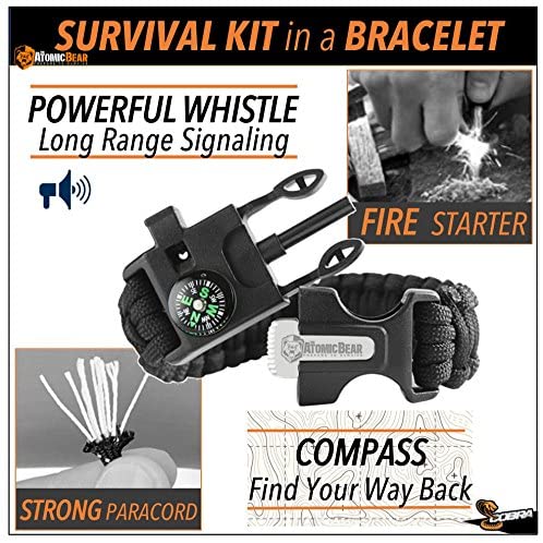 Atomic Bear Paracord Bracelet (2 Pack) - Adjustable - Fire Starter - Loud Whistle - Perfect for Hiking, Camping, Fishing and Hunting - Black & Black+Orange