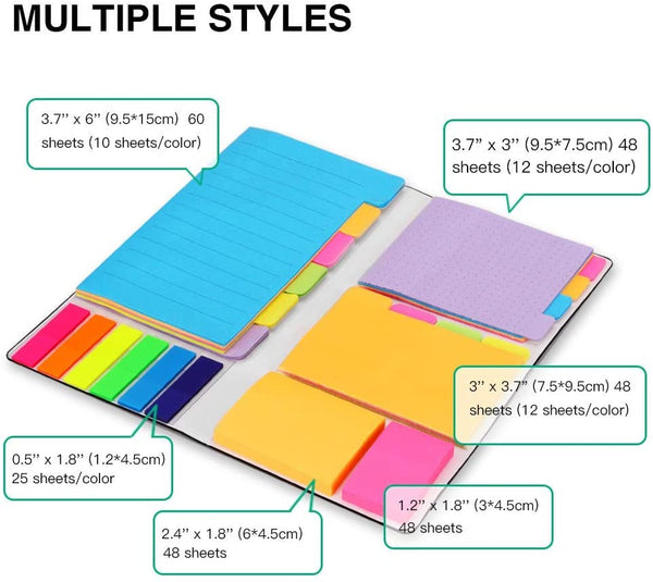 Sticky Notes Set, Hommie Colored Divider Self-Stick Notes Pads Bundle, Prioritize with Color Coding, 60 Ruled (3.7x6), 48 Dotted (3.7x3), 48 Blank (3x3.7), 48 Per Rectangular, 25 Per PET Color