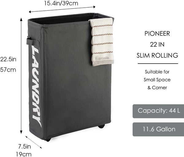 Caroeas 22" Rolling Slim Laundry Basket with Stand Foldable Waterproof Sorter and Organizer on Wheels Tall Thin Dirty Laundry Hamper Basket Home Corner Bin (Slim 22",Grey)