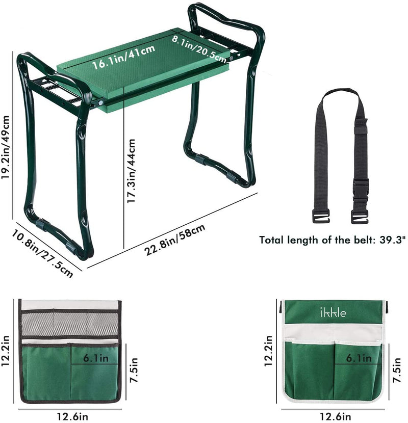 Garden Kneeler and Seat, Upgraded Folding Garden Bench Stool Portable Garden Kneeler Gardening Tools with 2 Free Tool Pouch, Detachable Belt, EVA Kneeling Pad, Pruning Shears, Ideal Gardening Gift