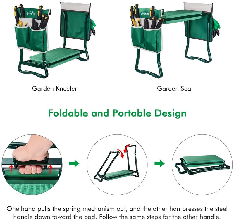 Garden Kneeler and Seat, Upgraded Folding Garden Bench Stool Portable Garden Kneeler Gardening Tools with 2 Free Tool Pouch, Detachable Belt, EVA Kneeling Pad, Pruning Shears, Ideal Gardening Gift