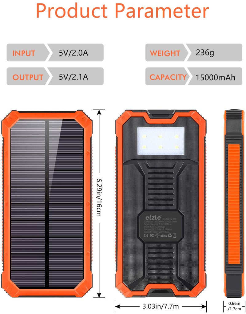 Portable Charger Power Bank 15000mAh, Elzle Solar Charger, Solar Power Bank Battery P ack, high Speed Charging Solar Phone Charger for iPhone, Samsung and More Orange