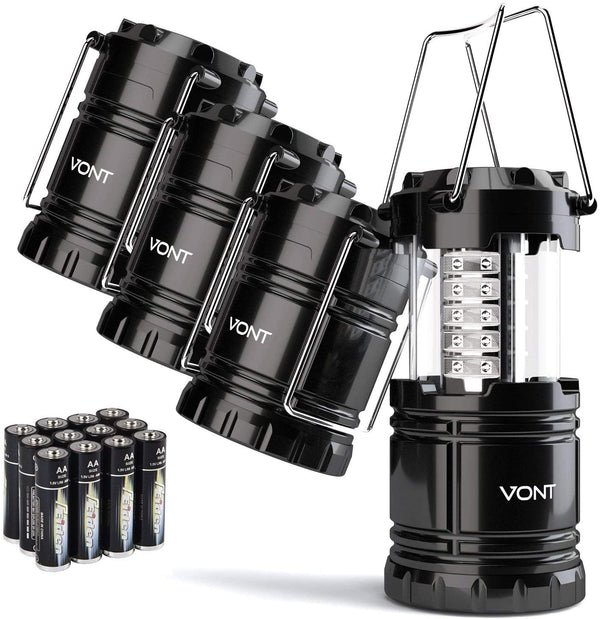 Vont 4 Pack LED Camping Lantern, LED Lanterns, Suitable Survival Kits for Hurricane, Emergency Light for Storm, Outages, Outdoor Portable Lanterns, Black, Collapsible, (Batteries Included)