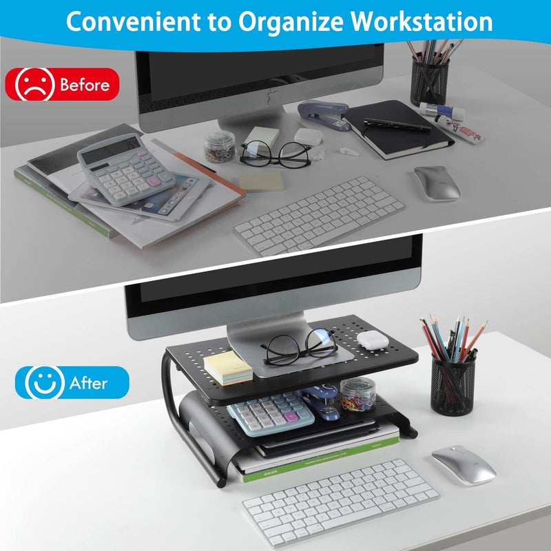 LORYERGO Monitor Stand Riser, 2-Tier Desk Organizer Stand with Metal Vented for Computer, Laptop & Printer, Desktop Stand for Office Accessories & Supplies