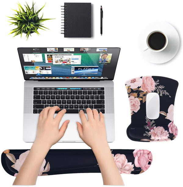 MOSISO Wrist Rest Support for Mouse Pad & Keyboard Set, Peony Ergonomic Mousepad Non-Slip Rubber Base Home/Office Pain Relief & Easy Typing Cushion with Neoprene Cloth & Raised Memory Foam, Black