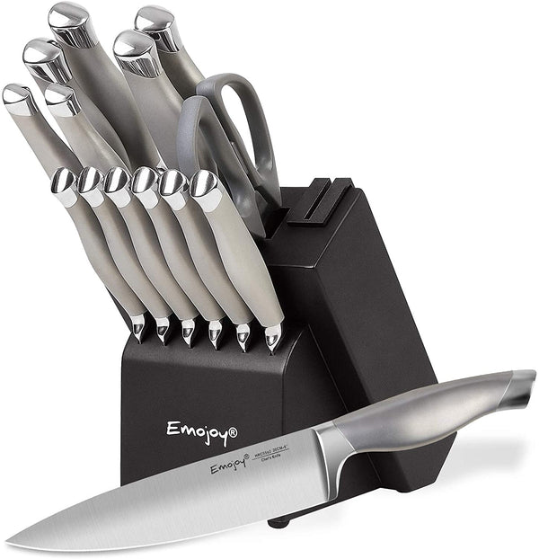 Emojoy Knife Set, 15 Pieces Kitchen Knife Set with Block Wooden, Chef Knife Set with Built-in Sharpener, German Stainless Steel Hollow Handle Knives Grey