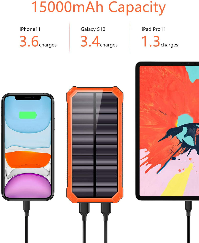 Portable Charger Power Bank 15000mAh, Elzle Solar Charger, Solar Power Bank Battery P ack, high Speed Charging Solar Phone Charger for iPhone, Samsung and More Orange