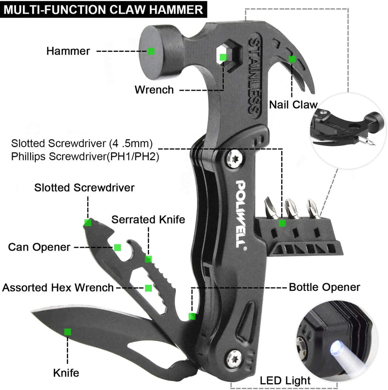 Survival Hammer Multitool with LED Light Camping Accessories 12 in 1 Outdoor Emergency Gear Portable Vehicle Escape Tool Stainless Cool Gadgets Idea Gifts for Dad Husband Boyfriend Men Women