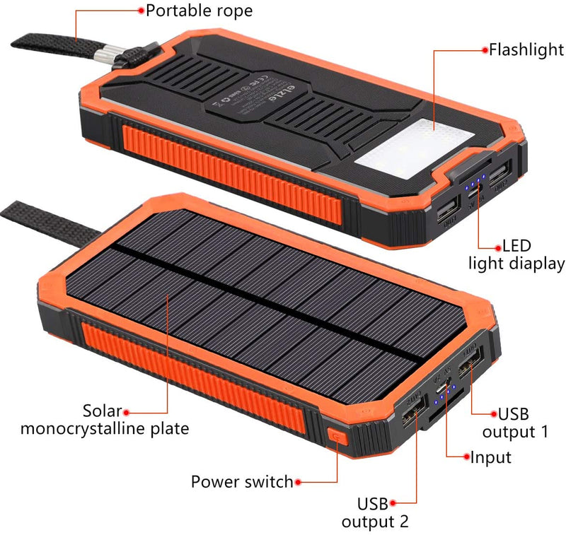 Portable Charger Power Bank 15000mAh, Elzle Solar Charger, Solar Power Bank Battery P ack, high Speed Charging Solar Phone Charger for iPhone, Samsung and More Orange