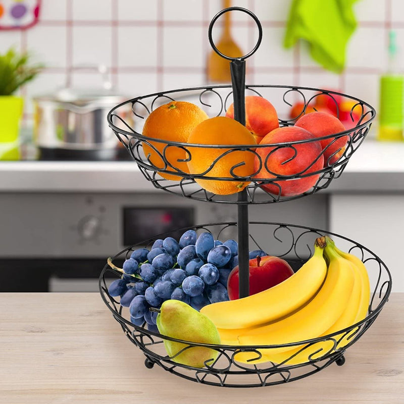 Sorbus 2-Tier Countertop Fruit Basket Holder & Decorative Bowl Stand—Perfect for Fruit, Vegetables, Snacks, Household Items, and Much More (Black)