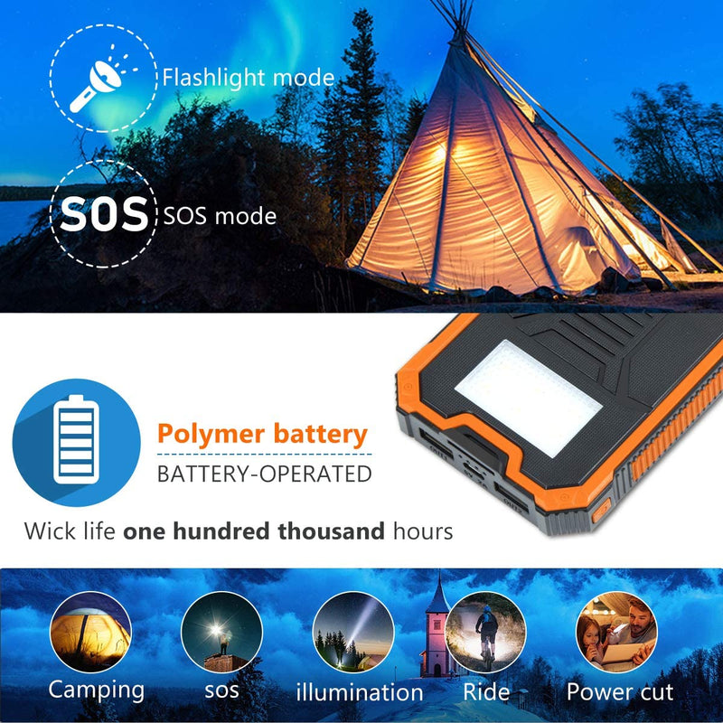 Portable Charger Power Bank 15000mAh, Elzle Solar Charger, Solar Power Bank Battery P ack, high Speed Charging Solar Phone Charger for iPhone, Samsung and More Orange