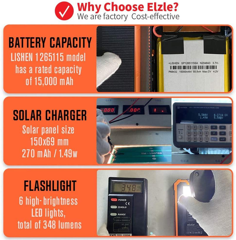 Portable Charger Power Bank 15000mAh, Elzle Solar Charger, Solar Power Bank Battery P ack, high Speed Charging Solar Phone Charger for iPhone, Samsung and More Orange