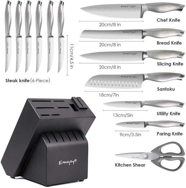Emojoy Knife Set, 15 Pieces Kitchen Knife Set with Block Wooden, Chef Knife Set with Built-in Sharpener, German Stainless Steel Hollow Handle Knives Grey