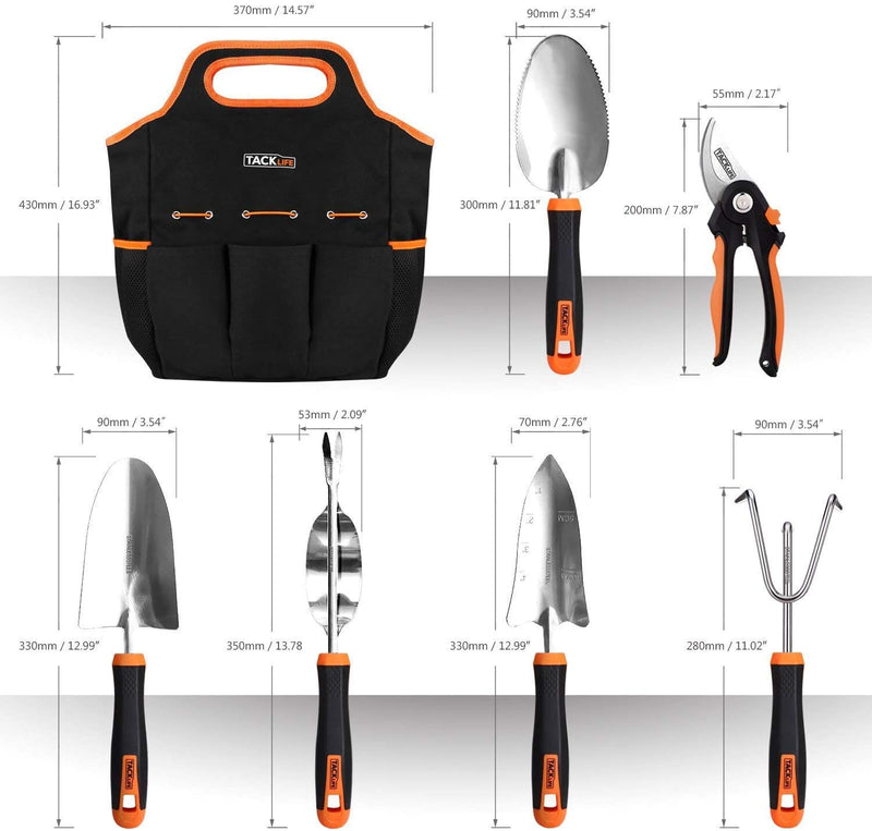 TACKLIFE 6 Piece Stainless Steel Heavy Duty Garden Tools Set, with Non-slip Rubber Grip, Storage Tote Bag, Outdoor Hand Tools, Garden Gift, Black and Orange GGT4A