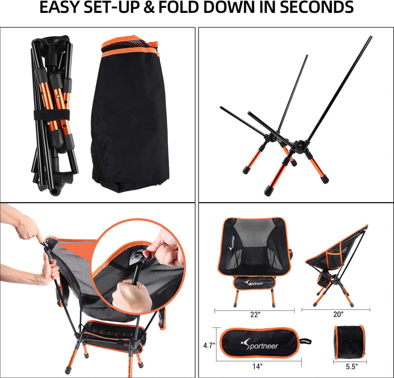 Sportneer Camping Chair, Ultralight Portable Folding Backpacking Chair, Compact and Heavy Duty Outdoors, BBQ, Beach, Travel, Picnic with Storage Bags and Carry Bag, Height Adjustable