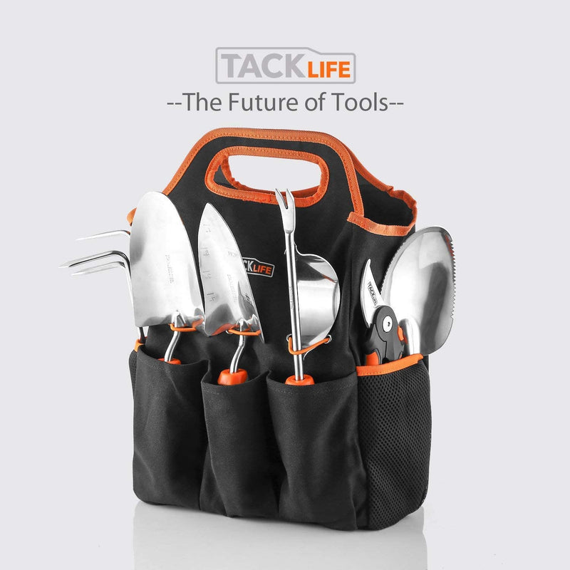 TACKLIFE 6 Piece Stainless Steel Heavy Duty Garden Tools Set, with Non-slip Rubber Grip, Storage Tote Bag, Outdoor Hand Tools, Garden Gift, Black and Orange GGT4A