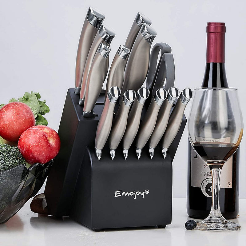 Emojoy Knife Set, 15 Pieces Kitchen Knife Set with Block Wooden, Chef Knife Set with Built-in Sharpener, German Stainless Steel Hollow Handle Knives Grey