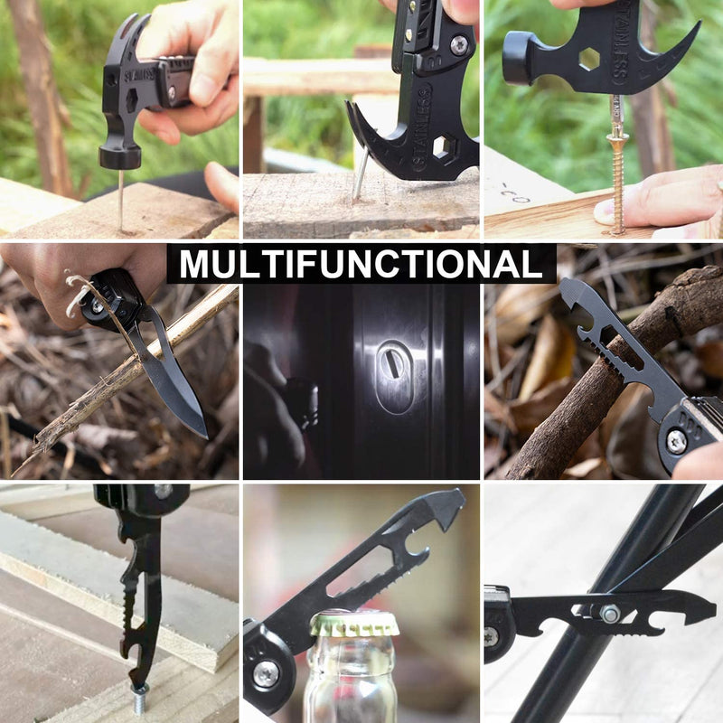 Survival Hammer Multitool with LED Light Camping Accessories 12 in 1 Outdoor Emergency Gear Portable Vehicle Escape Tool Stainless Cool Gadgets Idea Gifts for Dad Husband Boyfriend Men Women