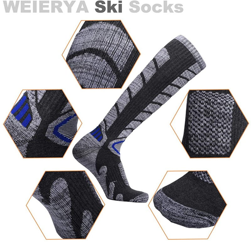 WEIERYA Ski Socks 2 Pairs Pack for Skiing, Snowboarding, Cold Weather, Winter Performance Socks