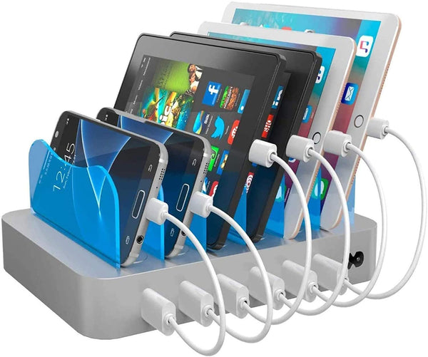 Hercules Tuff Charging Station for Multiple Devices, with 6 USB Fast Ports, 6 Short Mixed USB Cables Included for Cell Phones, Smart Phones, Tablets, and Other Electronics, Silver