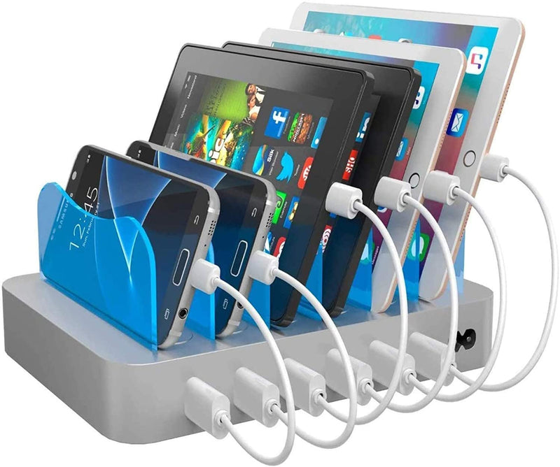 Hercules Tuff Charging Station for Multiple Devices, with 6 USB Fast Ports, 6 Short Mixed USB Cables Included for Cell Phones, Smart Phones, Tablets, and Other Electronics, Silver