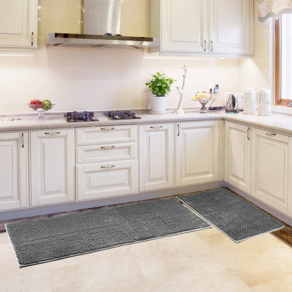 Delxo Kitchen Rug Sets,2 Piece Non-Slip Soft Super Absorbent Kitchen Mat Doormat Carpet Set,Chenille Microfiber Material, 17"x48" +17"x24" (Grey)