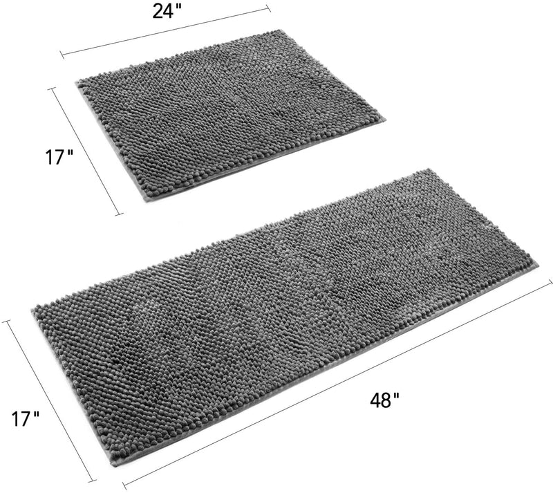 Delxo Kitchen Rug Sets,2 Piece Non-Slip Soft Super Absorbent Kitchen Mat Doormat Carpet Set,Chenille Microfiber Material, 17"x48" +17"x24" (Grey)