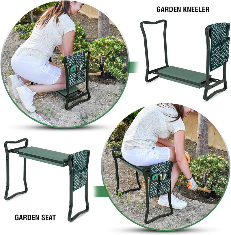 Garden Kneeler And Seat - Protects Your Knees, Clothes From Dirt & Grass Stains - Foldable Stool For Ease Of Storage - EVA Foam Pad - Sturdy and Lightweight - Bench Comes With A Free Tool Pouch!