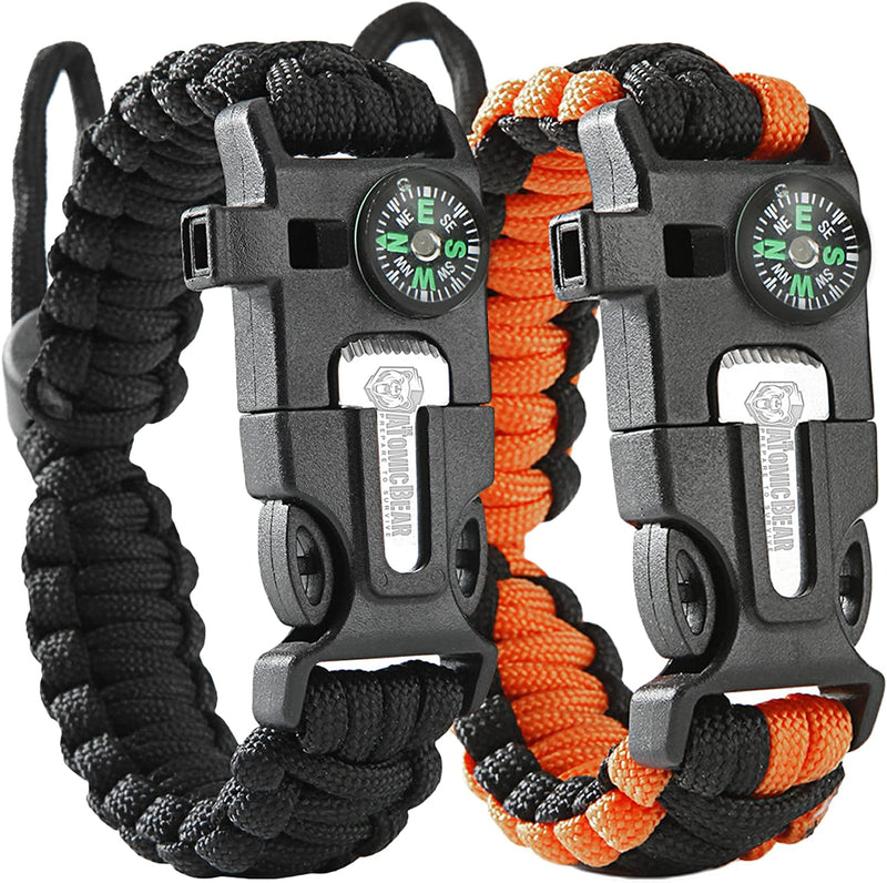 Atomic Bear Paracord Bracelet (2 Pack) - Adjustable - Fire Starter - Loud Whistle - Perfect for Hiking, Camping, Fishing and Hunting - Black & Black+Orange