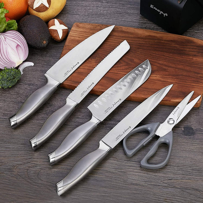 Emojoy Knife Set, 15 Pieces Kitchen Knife Set with Block Wooden, Chef Knife Set with Built-in Sharpener, German Stainless Steel Hollow Handle Knives Grey