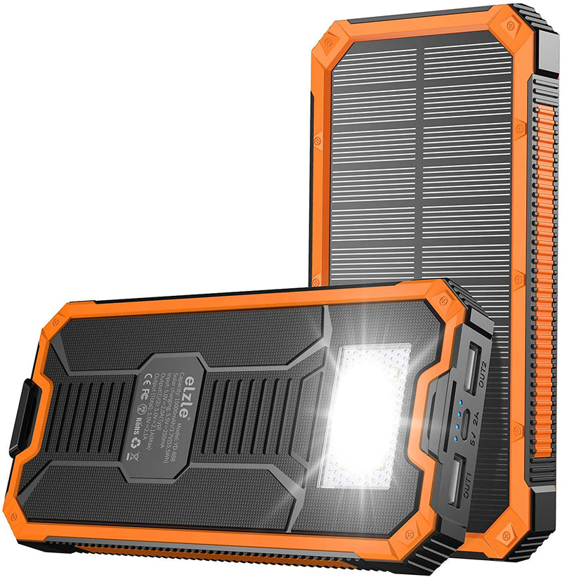 Portable Charger Power Bank 15000mAh, Elzle Solar Charger, Solar Power Bank Battery P ack, high Speed Charging Solar Phone Charger for iPhone, Samsung and More Orange