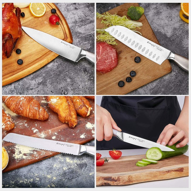 Emojoy Knife Set, 15 Pieces Kitchen Knife Set with Block Wooden, Chef Knife Set with Built-in Sharpener, German Stainless Steel Hollow Handle Knives Grey