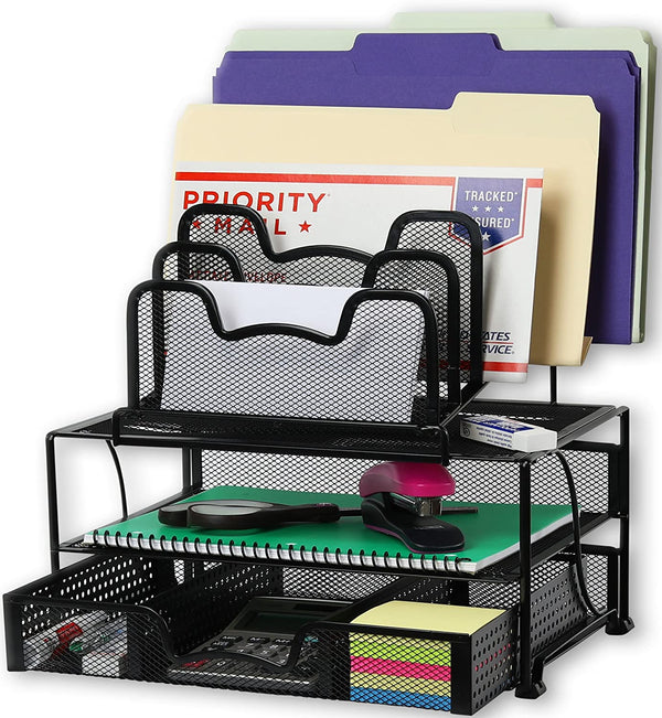 SimpleHouseware Mesh Desk Organizer with Sliding Drawer, Double Tray and 5 Stacking Sorter Sections, Black