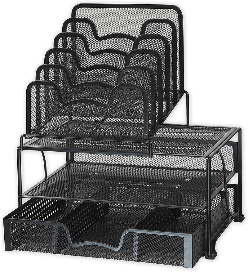 SimpleHouseware Mesh Desk Organizer with Sliding Drawer, Double Tray and 5 Stacking Sorter Sections, Black