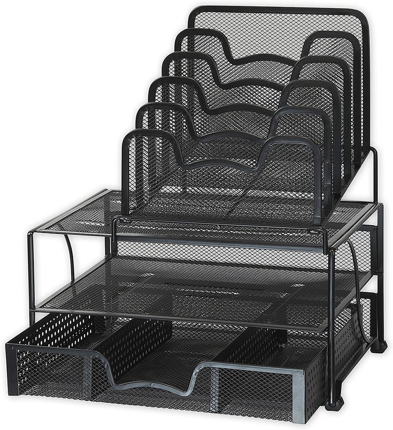 SimpleHouseware Mesh Desk Organizer with Sliding Drawer, Double Tray and 5 Stacking Sorter Sections, Black