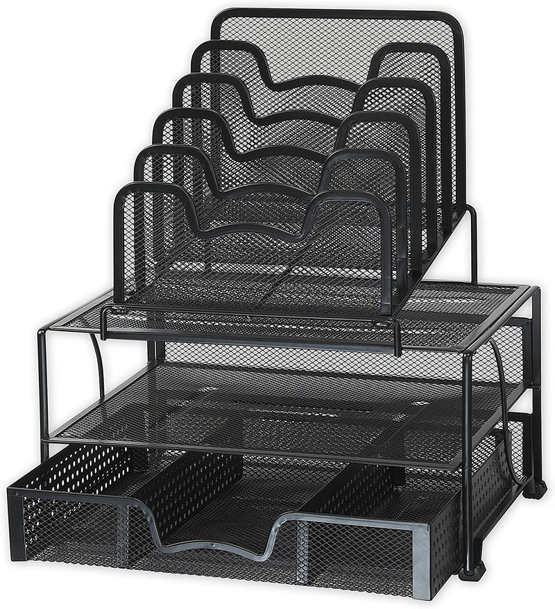 SimpleHouseware Mesh Desk Organizer with Sliding Drawer, Double Tray and 5 Stacking Sorter Sections, Black