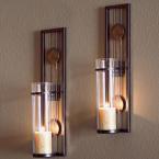 Contemporary Metal Brown Wall Candle Sconces with Antique Patina Medallions (Set of 2)